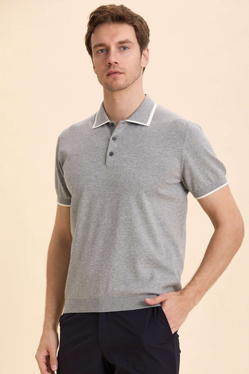 Gri Melanj %100 Pamuk Polo Tişört