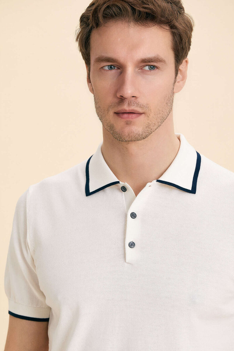 Kırık Beyaz %100 Pamuk Polo Tişört - 3