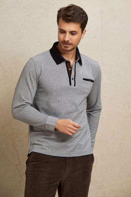Gray 100% Cotton Polo Sweatshirt - 4