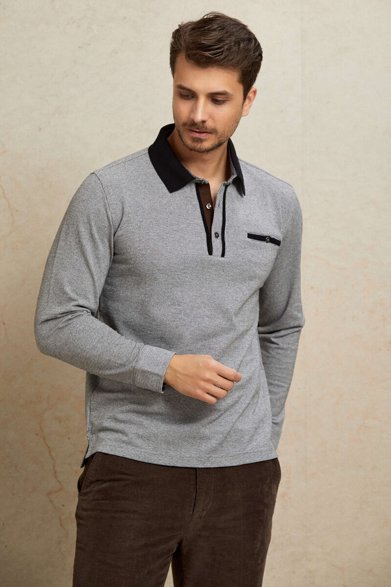 Gray 100% Cotton Polo Sweatshirt - 4