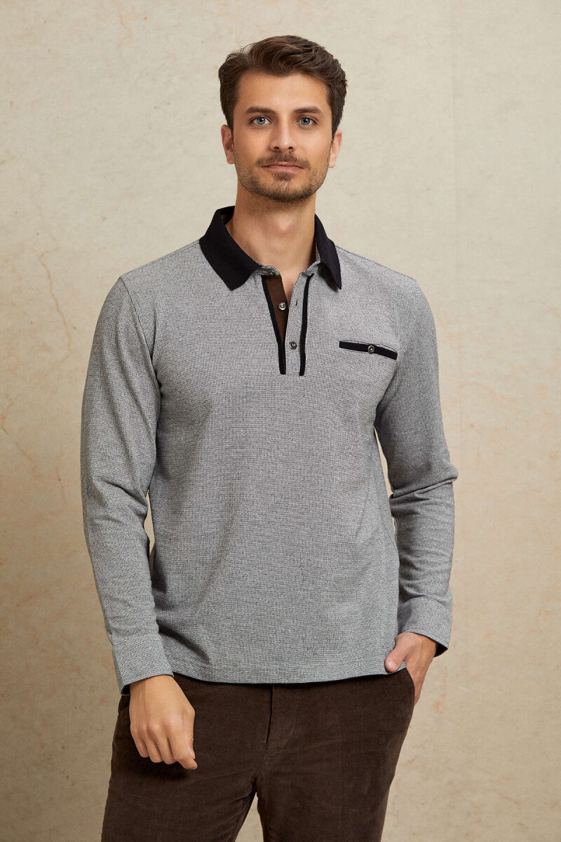 Gray 100% Cotton Polo Sweatshirt - 5