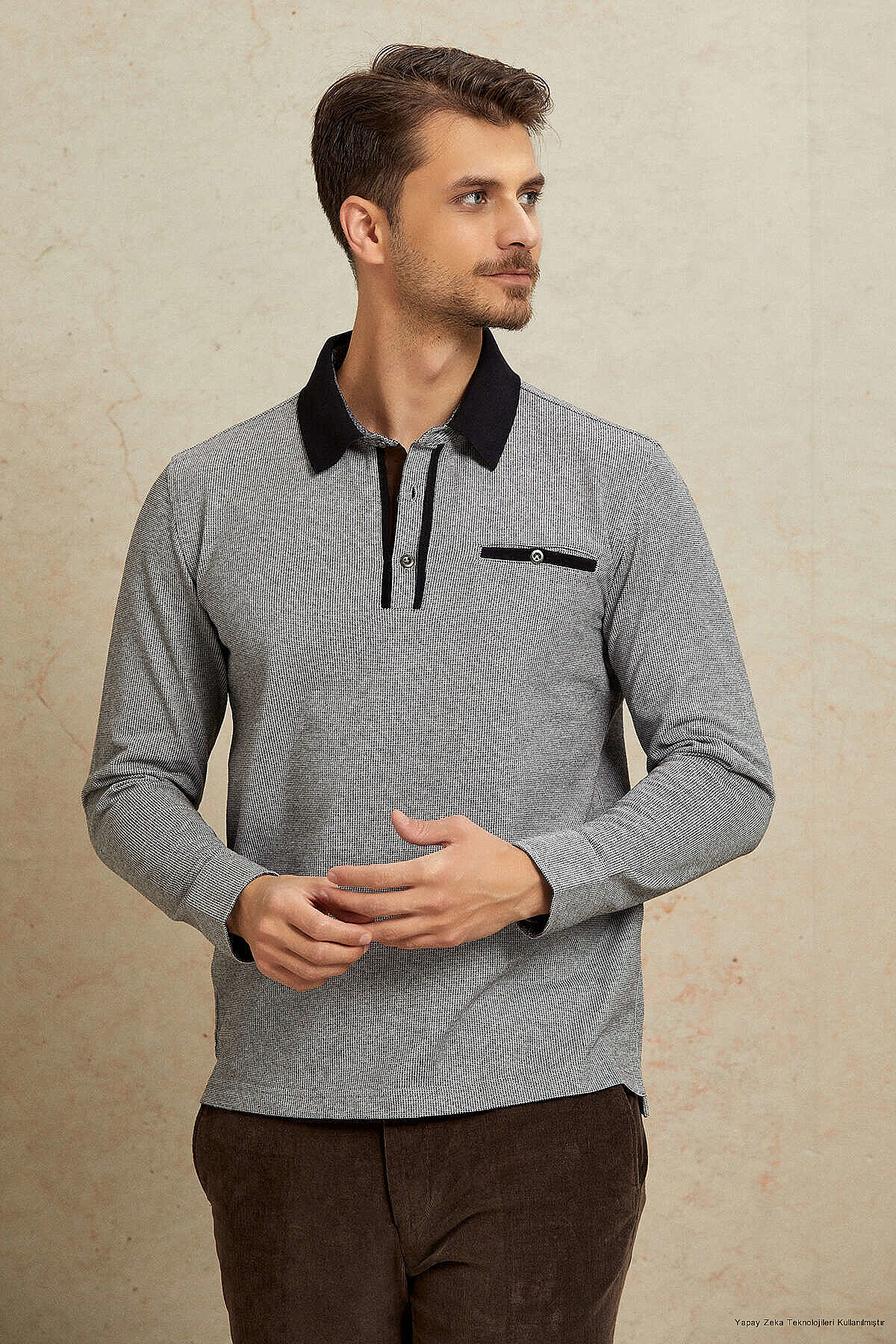 Gray 100% Cotton Polo Sweatshirt - 1