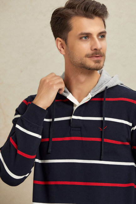 Lacivert - Kırmızı %100 Pamuk Kapüşonlu Sweatshirt - 5