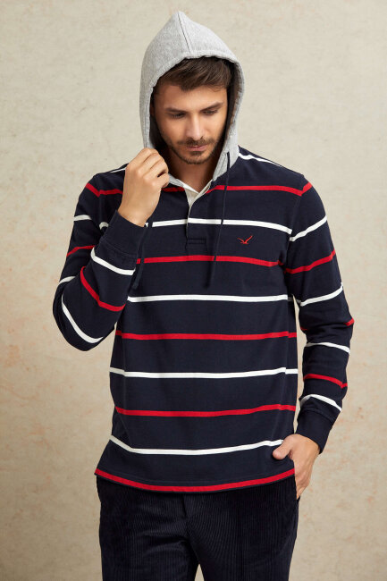 Lacivert - Kırmızı %100 Pamuk Kapüşonlu Sweatshirt - 7