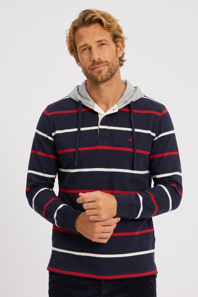 Lacivert - Kırmızı %100 Pamuk Kapüşonlu Sweatshirt