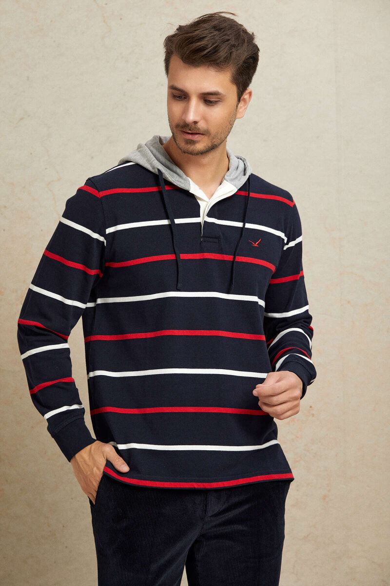 Lacivert - Kırmızı %100 Pamuk Kapüşonlu Sweatshirt (1)