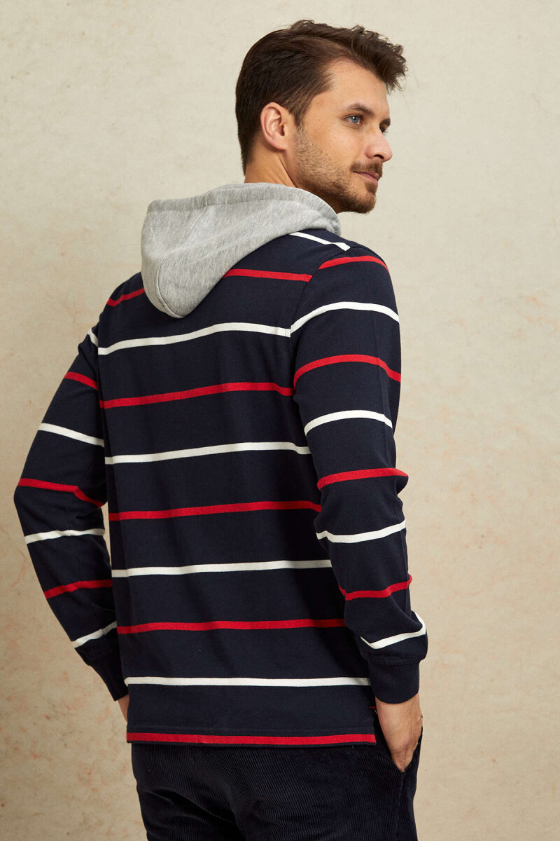 Lacivert - Kırmızı %100 Pamuk Kapüşonlu Sweatshirt - 6