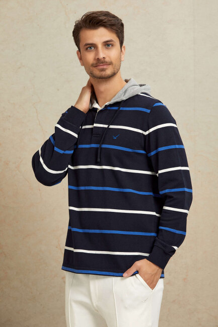 Lacivert - Royale %100 Pamuk Kapüşonlu Sweatshirt - 4