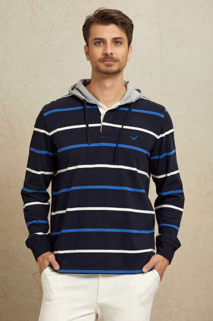 Lacivert - Royale %100 Pamuk Kapüşonlu Sweatshirt - 6