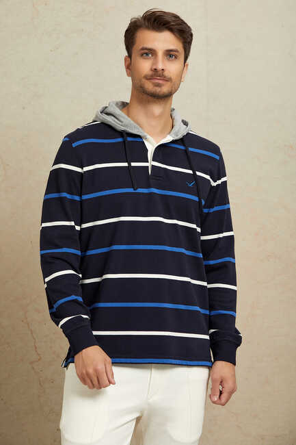 Lacivert - Royale %100 Pamuk Kapüşonlu Sweatshirt
