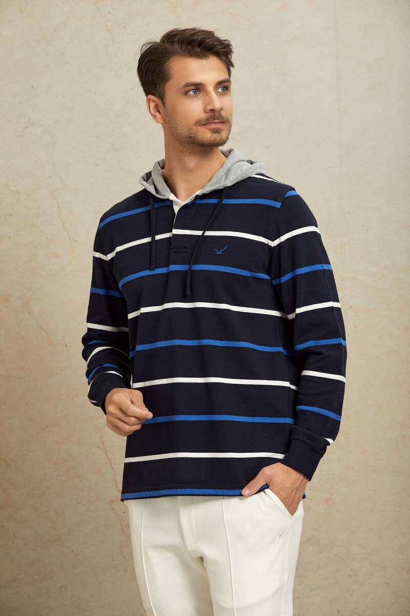 Lacivert - Royale %100 Pamuk Kapüşonlu Sweatshirt - 5