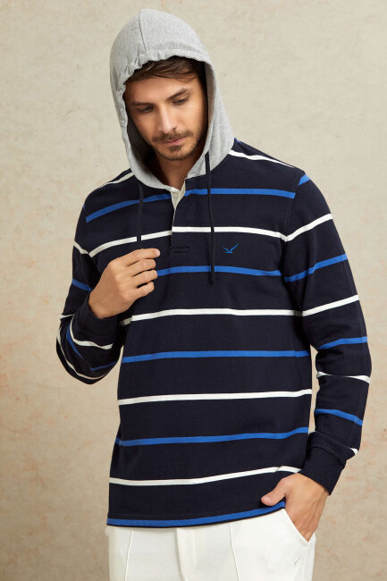 Lacivert - Royale %100 Pamuk Kapüşonlu Sweatshirt - 8