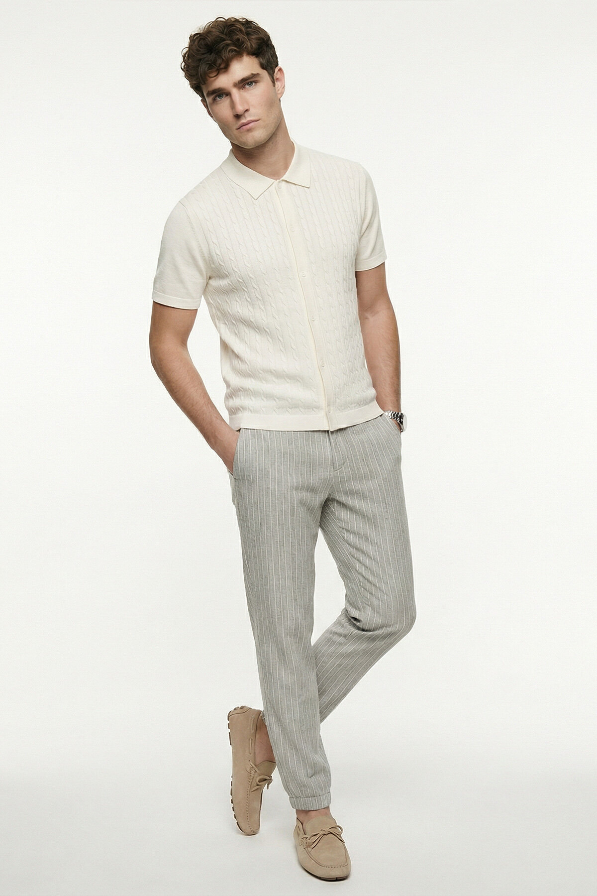 Kırık Beyaz %100 Pamuk Örme Gömlek - 5