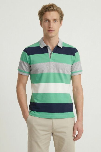 Navy Blue - Green Mercerized 100% Cotton Polo T-shirt - 1