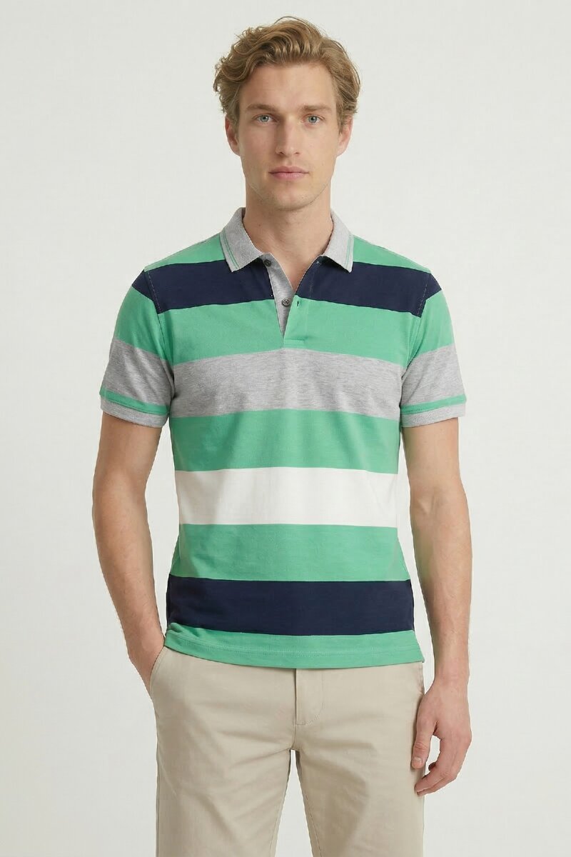 Navy Blue - Green Mercerized 100% Cotton Polo T-shirt - 1
