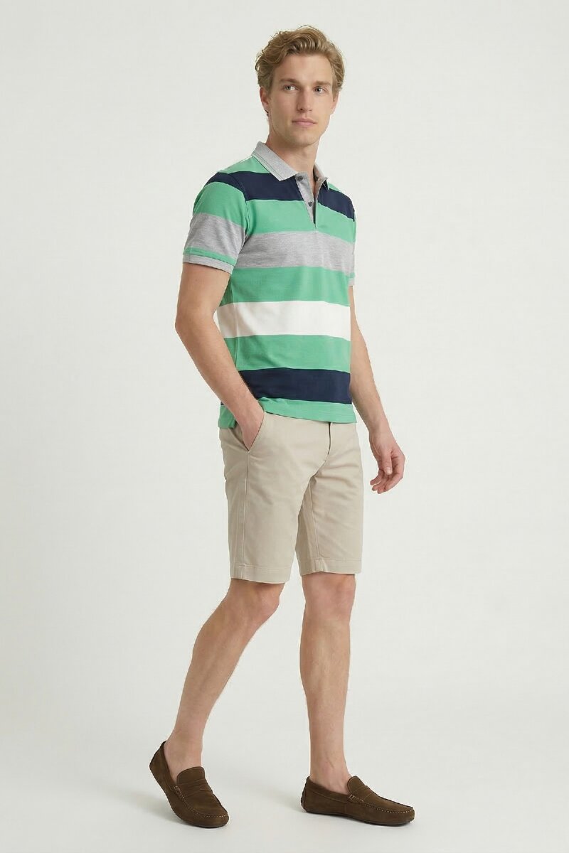 Navy Blue - Green Mercerized 100% Cotton Polo T-shirt - 2