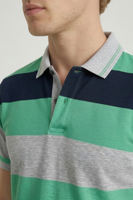Navy Blue - Green Mercerized 100% Cotton Polo T-shirt - 3