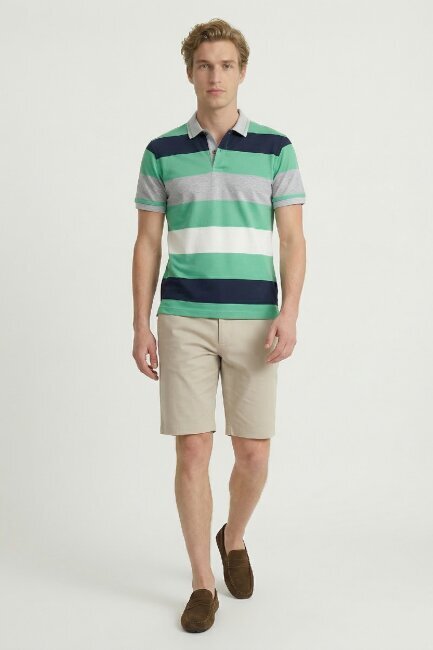 Navy Blue - Green Mercerized 100% Cotton Polo T-shirt - 5