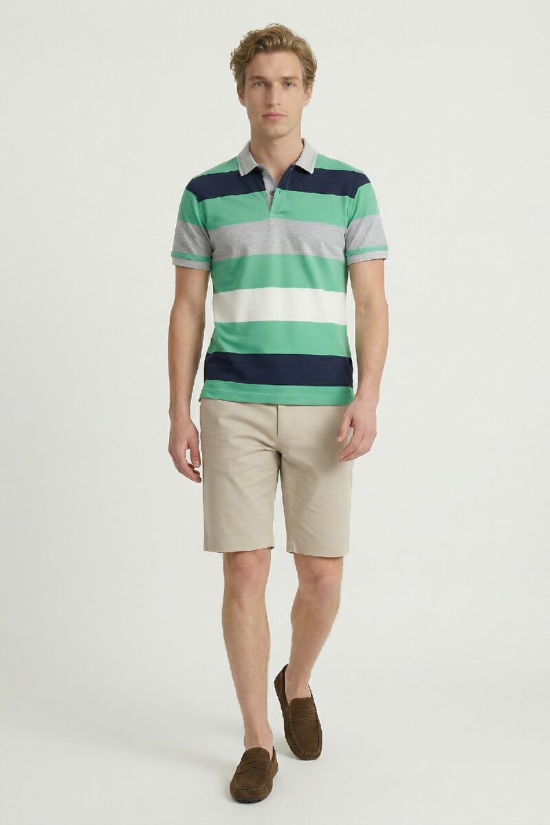 Lacivert - Yeşil Merserize %100 Pamuk Polo Tişört - 5