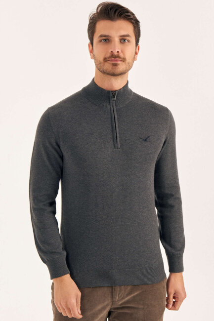 Anthracite 100% Cotton Short Zip Sweater - 2