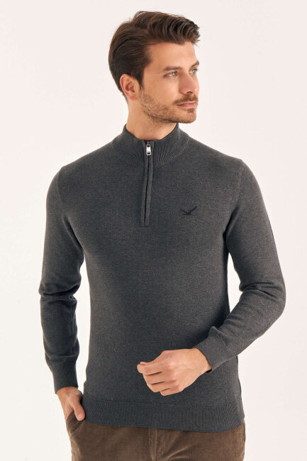 Anthracite 100% Cotton Short Zip Sweater - 3