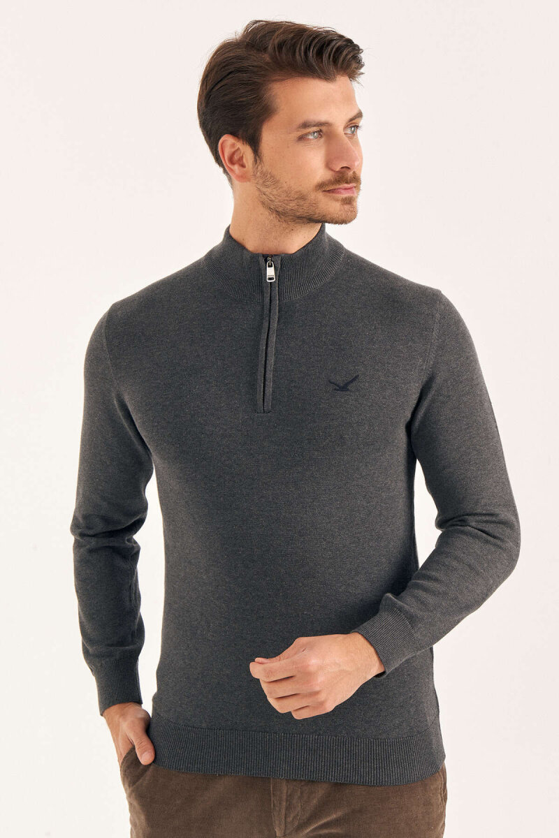 Anthracite 100% Cotton Short Zip Sweater - 3