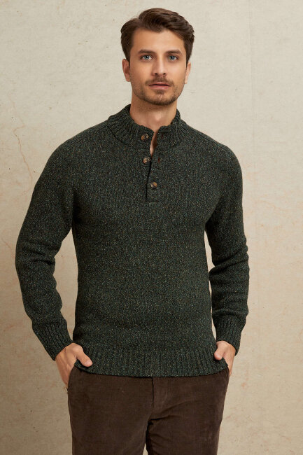 Green 100% Cotton Buttoned Sweater - 4