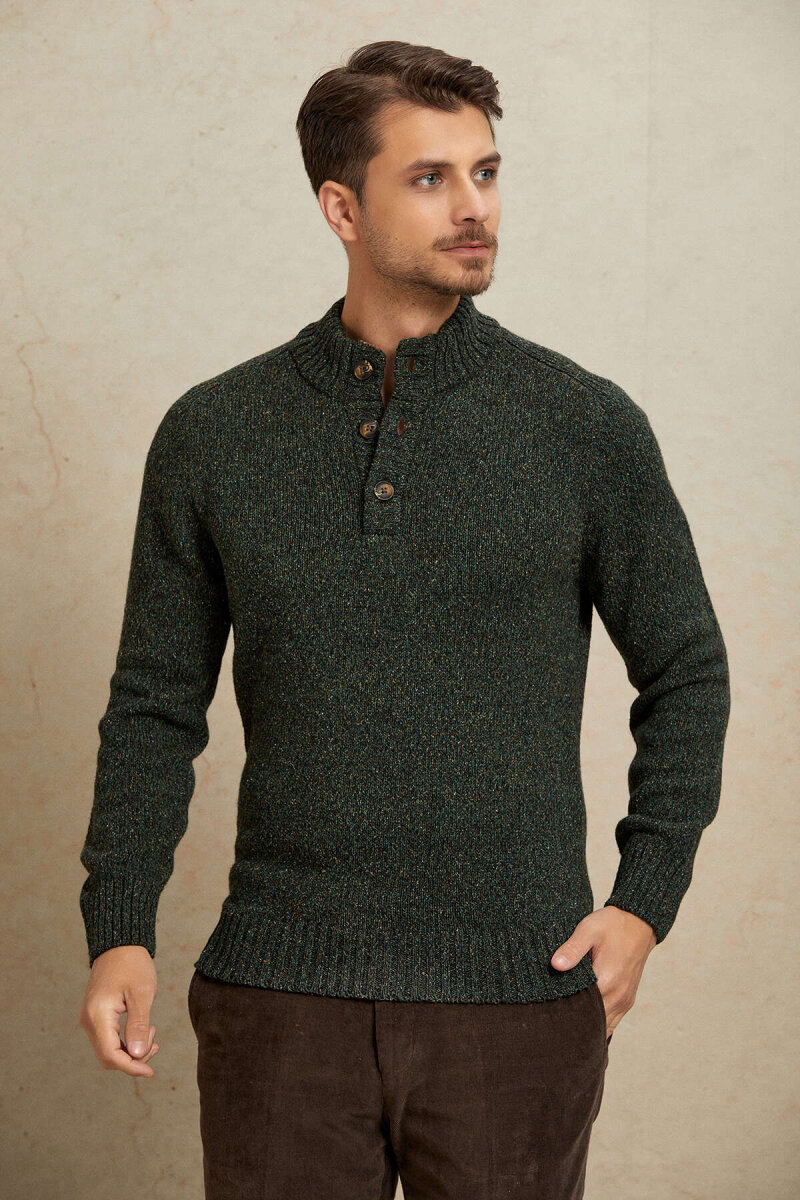 Green 100% Cotton Buttoned Sweater - 5