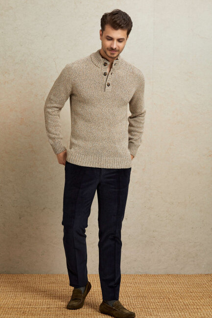 Light Beige 100% Cotton Button-Down Sweater - 3