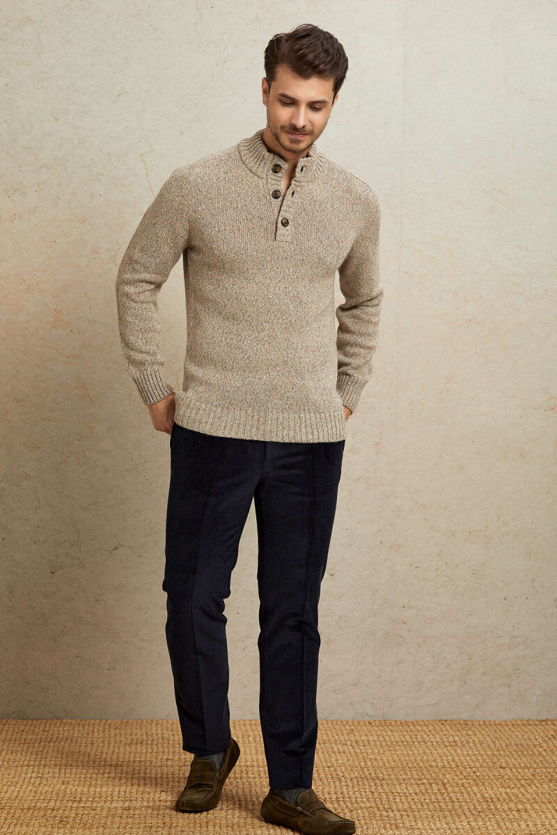 Light Beige 100% Cotton Button-Down Sweater - 3