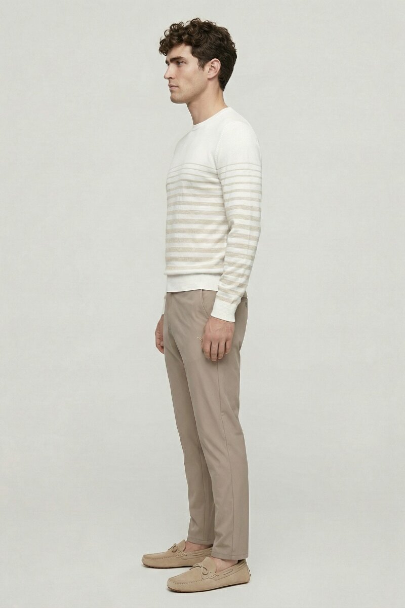 Ekru - Bej %100 Pamuk Çizgili Bisiklet Yaka Kazak - 3