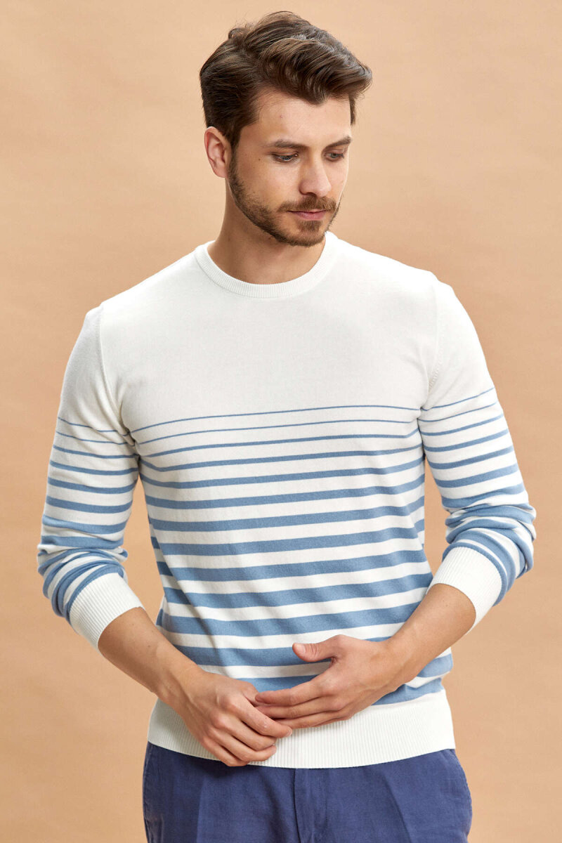 Ekru - Mavi %100 Pamuk Çizgili Bisiklet Yaka Kazak - 3