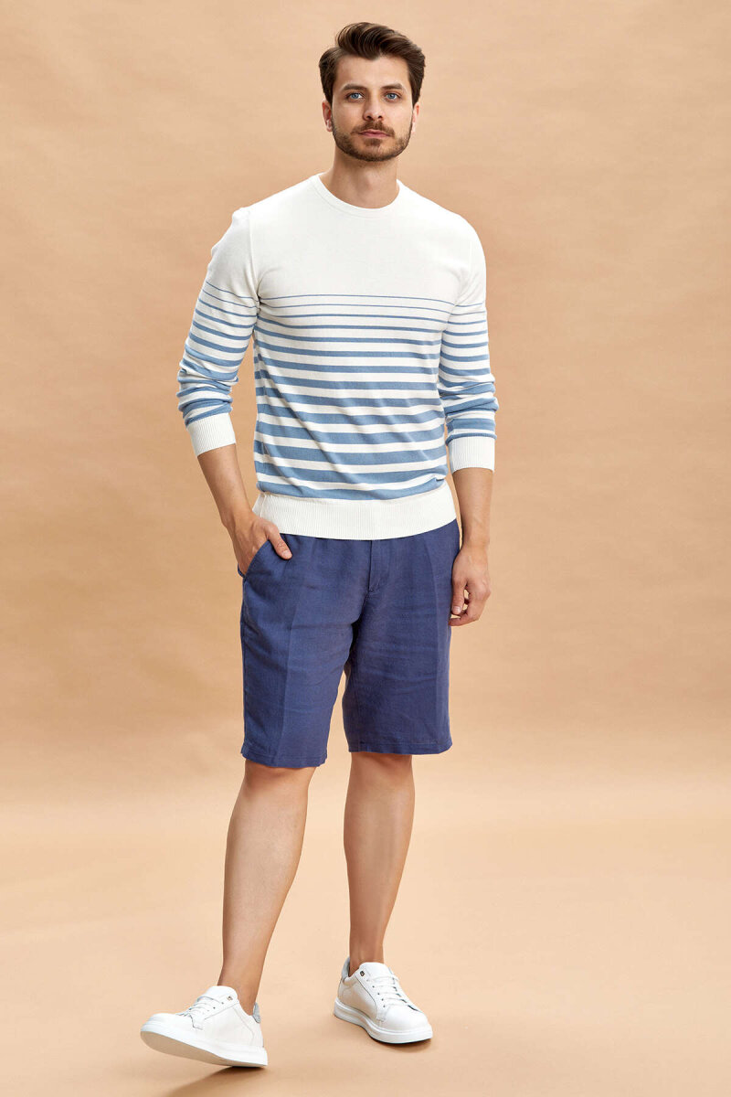 Ekru - Mavi %100 Pamuk Çizgili Bisiklet Yaka Kazak - 4