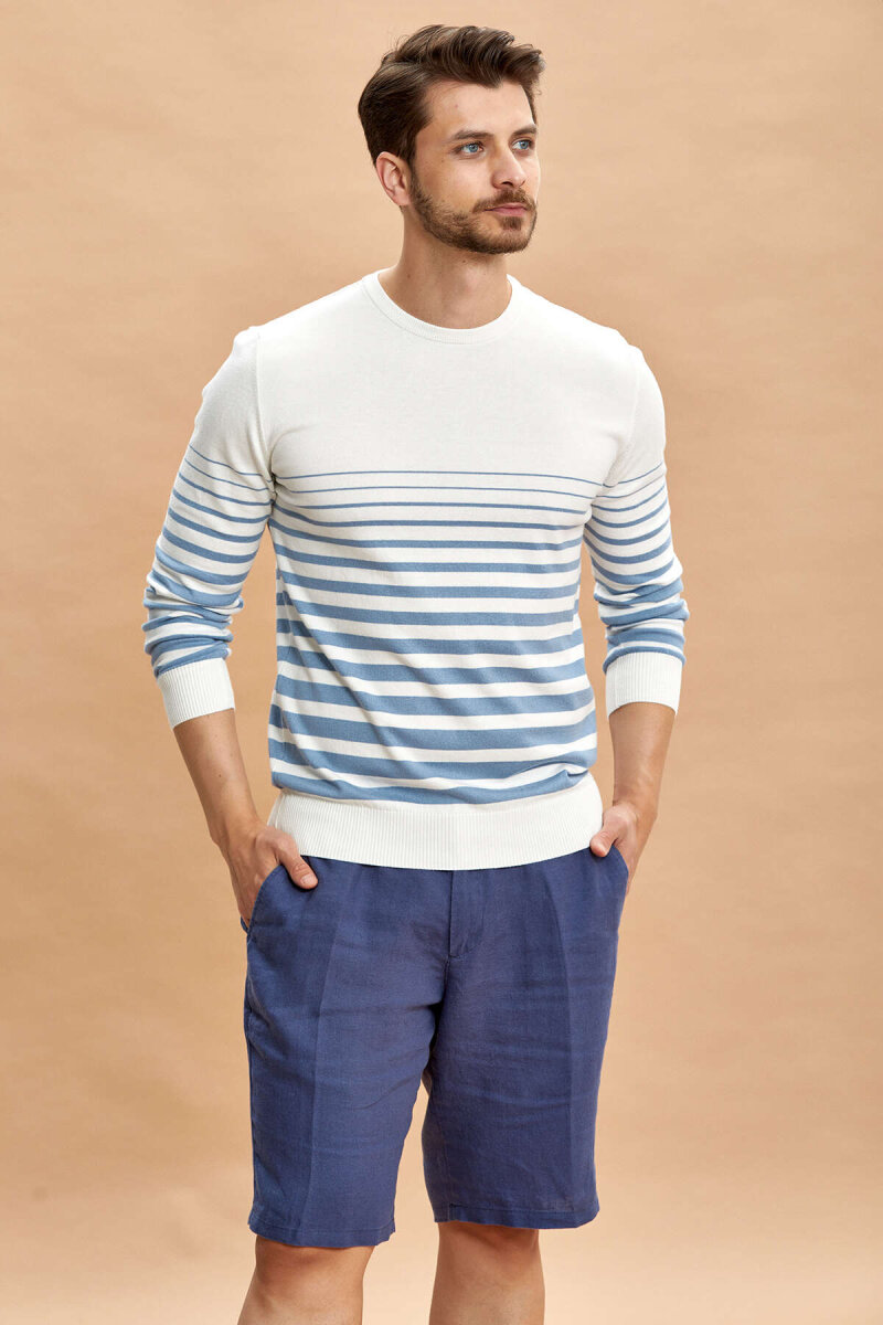 Ekru - Mavi %100 Pamuk Çizgili Bisiklet Yaka Kazak - 5