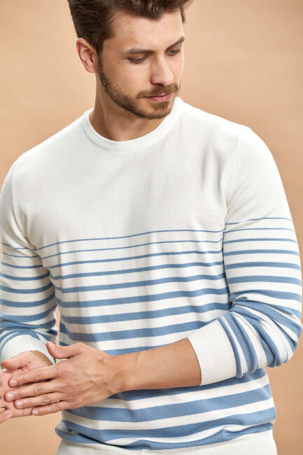 Ekru - Mavi %100 Pamuk Çizgili Bisiklet Yaka Kazak - 6