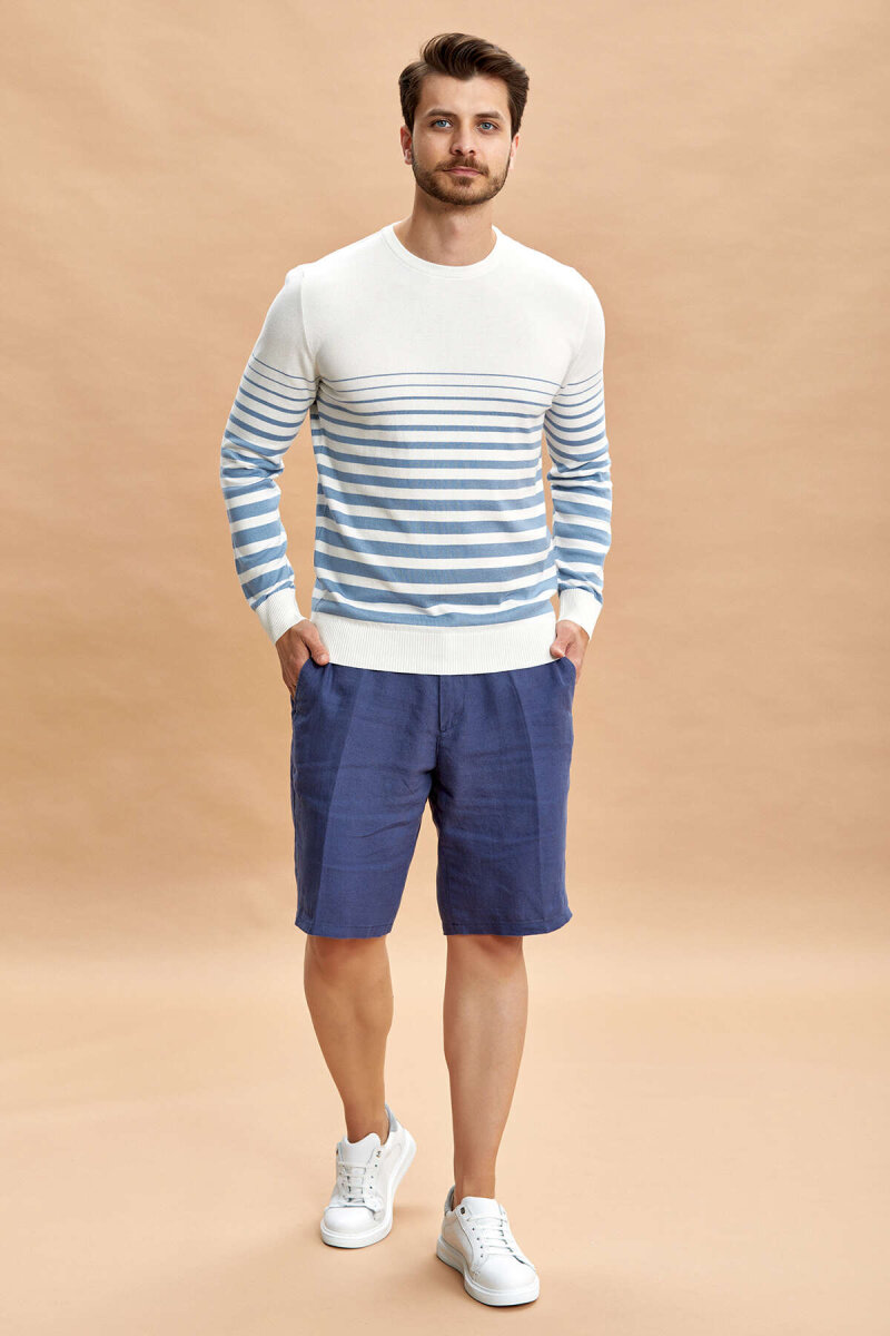 Ekru - Mavi %100 Pamuk Çizgili Bisiklet Yaka Kazak - 7