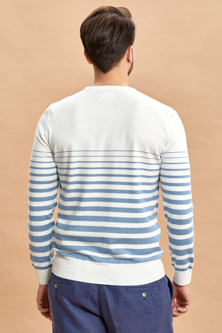 Ekru - Mavi %100 Pamuk Çizgili Bisiklet Yaka Kazak - 8