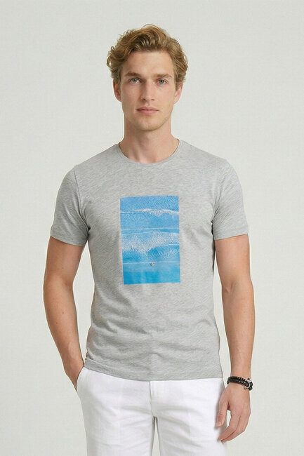 Grey Melange 100% Cotton Printed T-shirt - 1