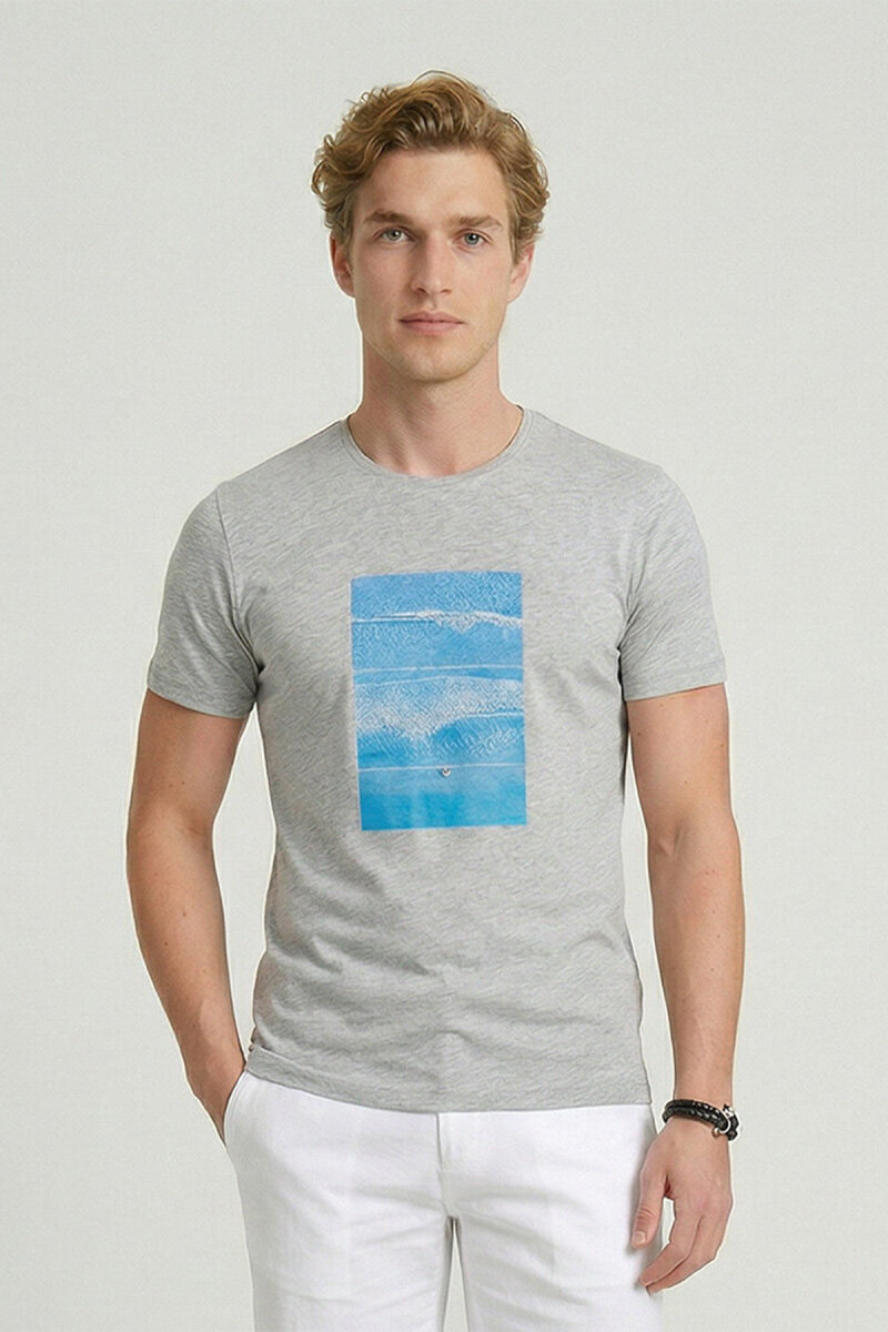 Grey Melange 100% Cotton Printed T-shirt