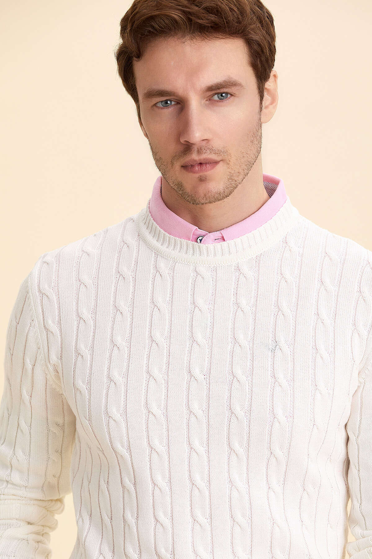 Kırık Beyaz %100 Pamuk Saç Örgü Bisiklet Yaka Kazak - 1