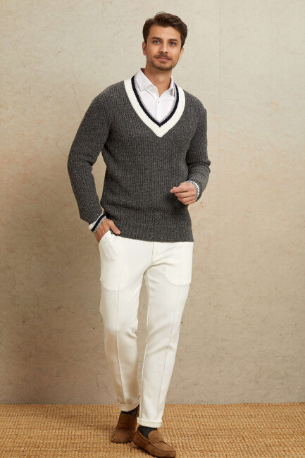 Anthracite 100% Cotton V-Neck Sweater - 3