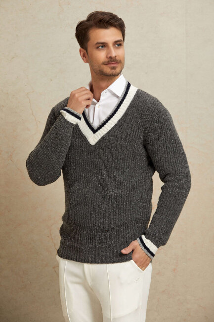 Anthracite 100% Cotton V-Neck Sweater - 4