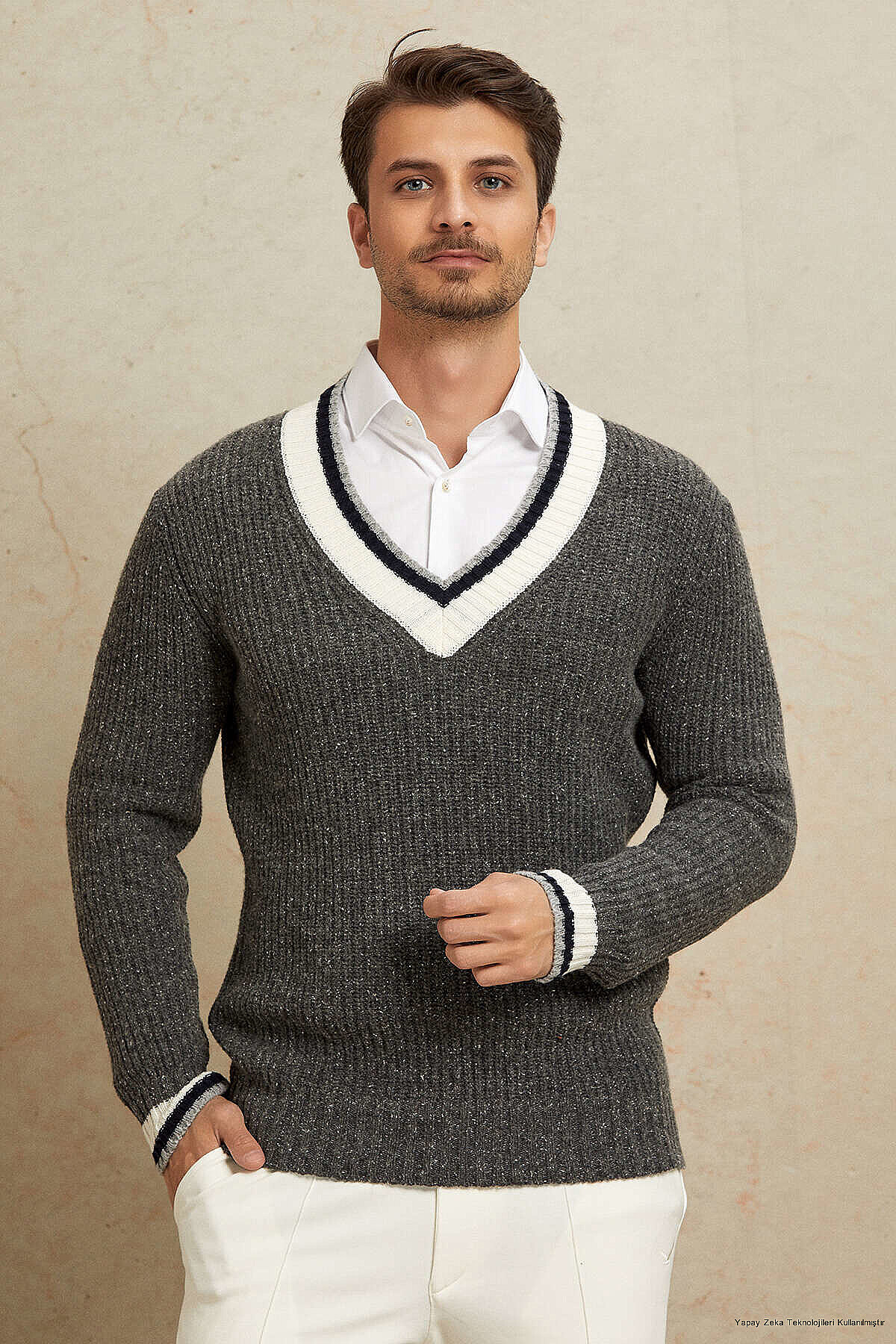 Anthracite 100% Cotton V-Neck Sweater - 1