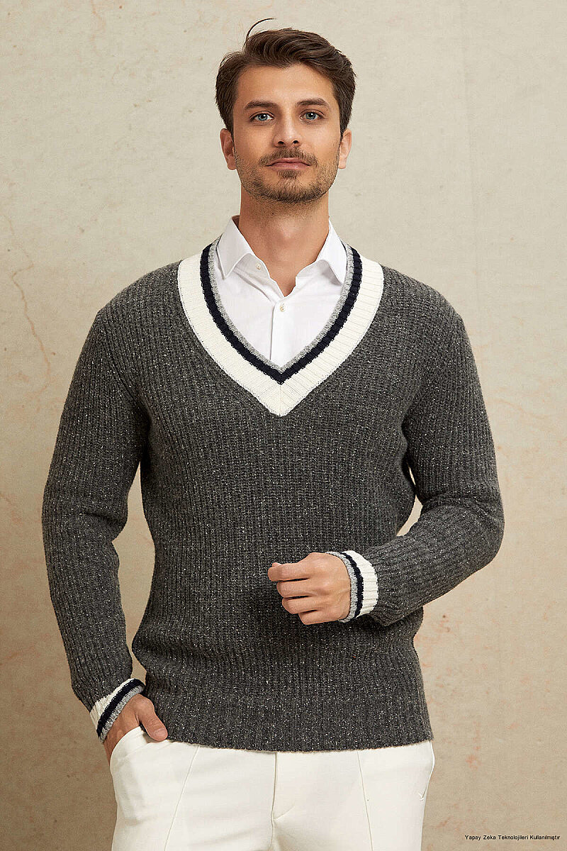 Anthracite 100% Cotton V-Neck Sweater - 1