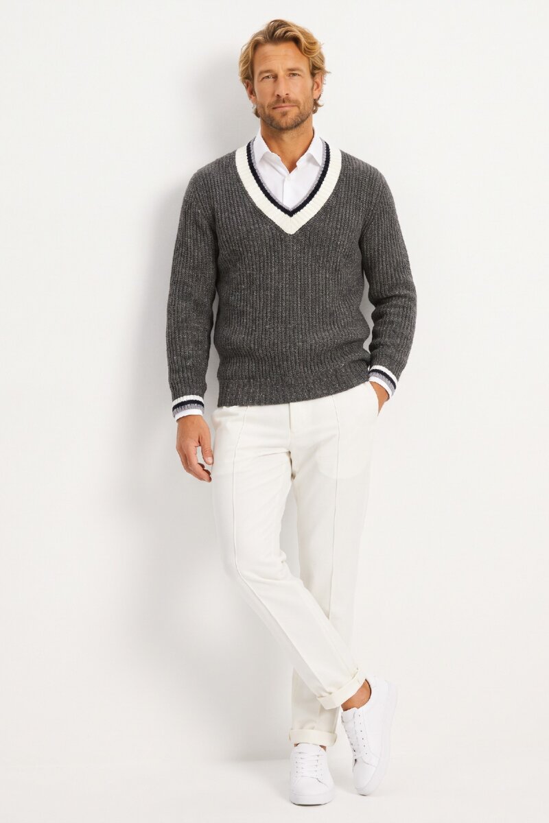 Anthracite 100% Cotton V-Neck Sweater - 2