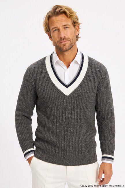 Anthracite 100% Cotton V-Neck Sweater 