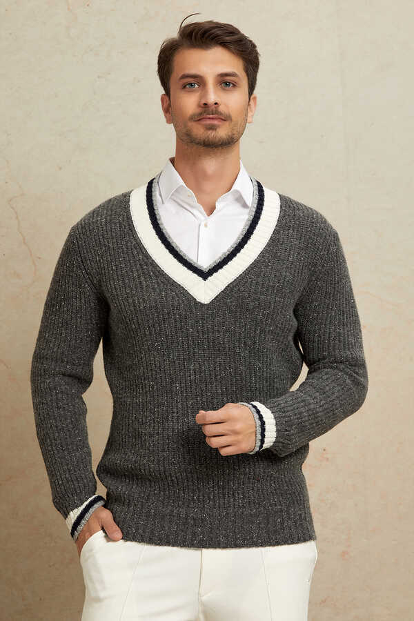 Anthracite 100% Cotton V-Neck Sweater