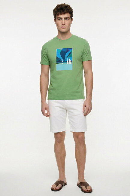 Green Cotton T-shirt with Marine Print