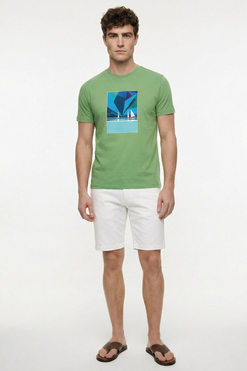 Green Cotton T-shirt with Marine Print - 6