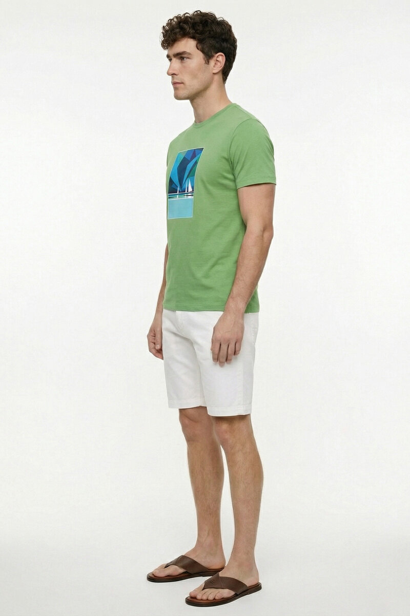 Green Cotton T-shirt with Marine Print - 4